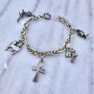 Medieval Fantasy Charm Bracelet Dragon Unicorn Ankh Cross Gnome Fantasycore 8”